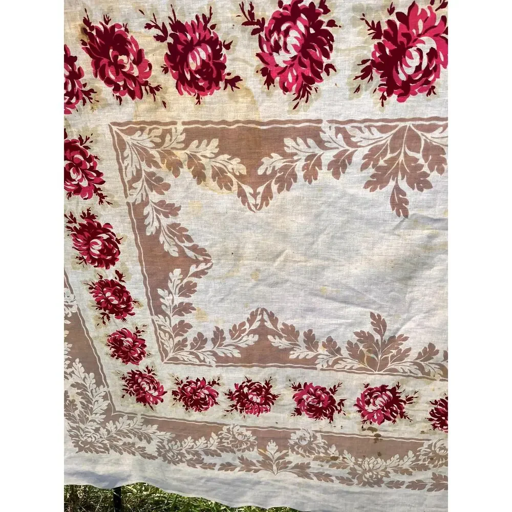 Vintage Tablecloth with Red and Pink Roses and Leaves